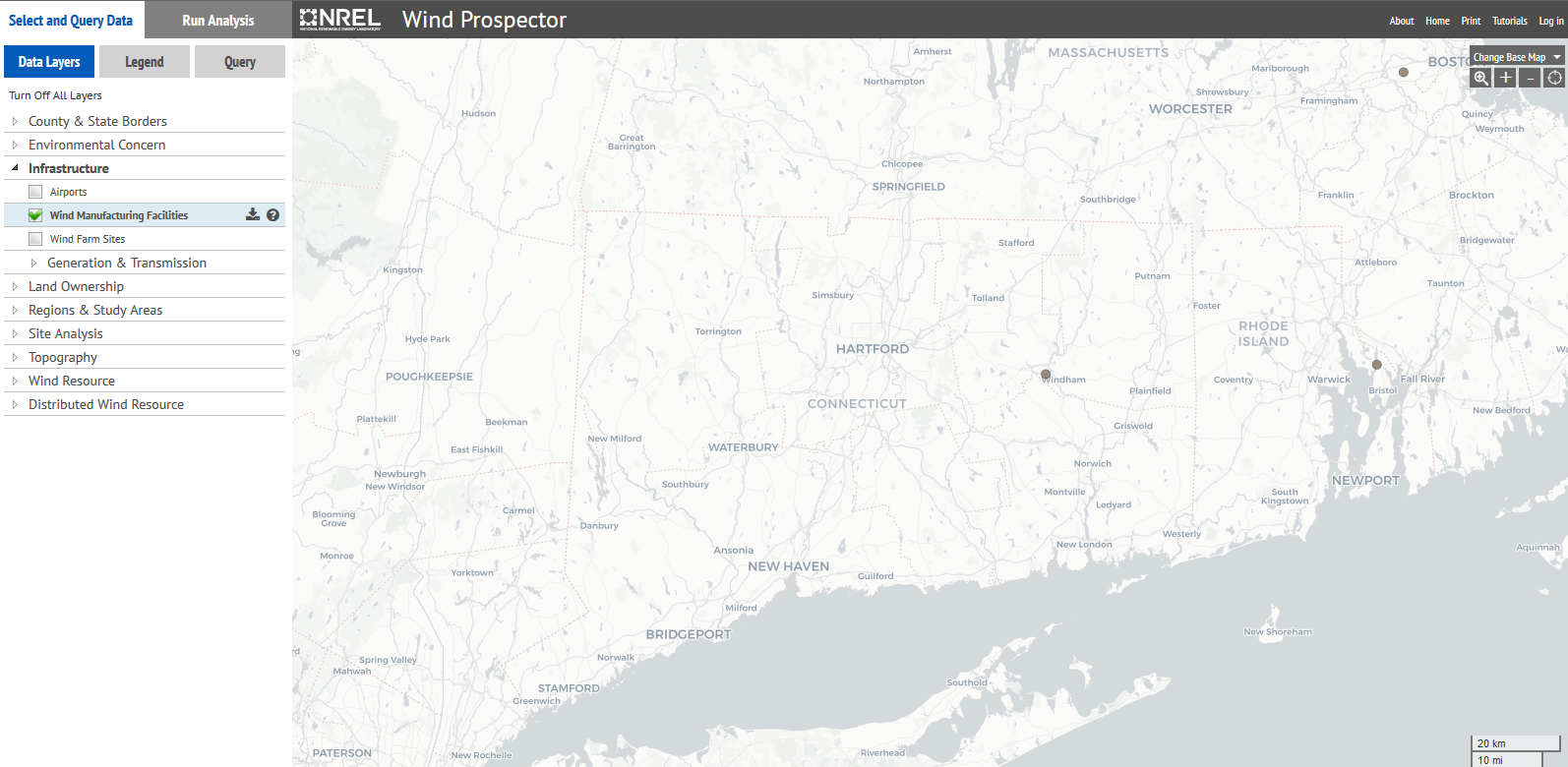 map of wind turbines in Connecticut