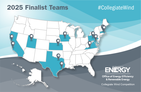 A map shows the locations of the finalist teams in the 2025 Collegiate Wind Competition.