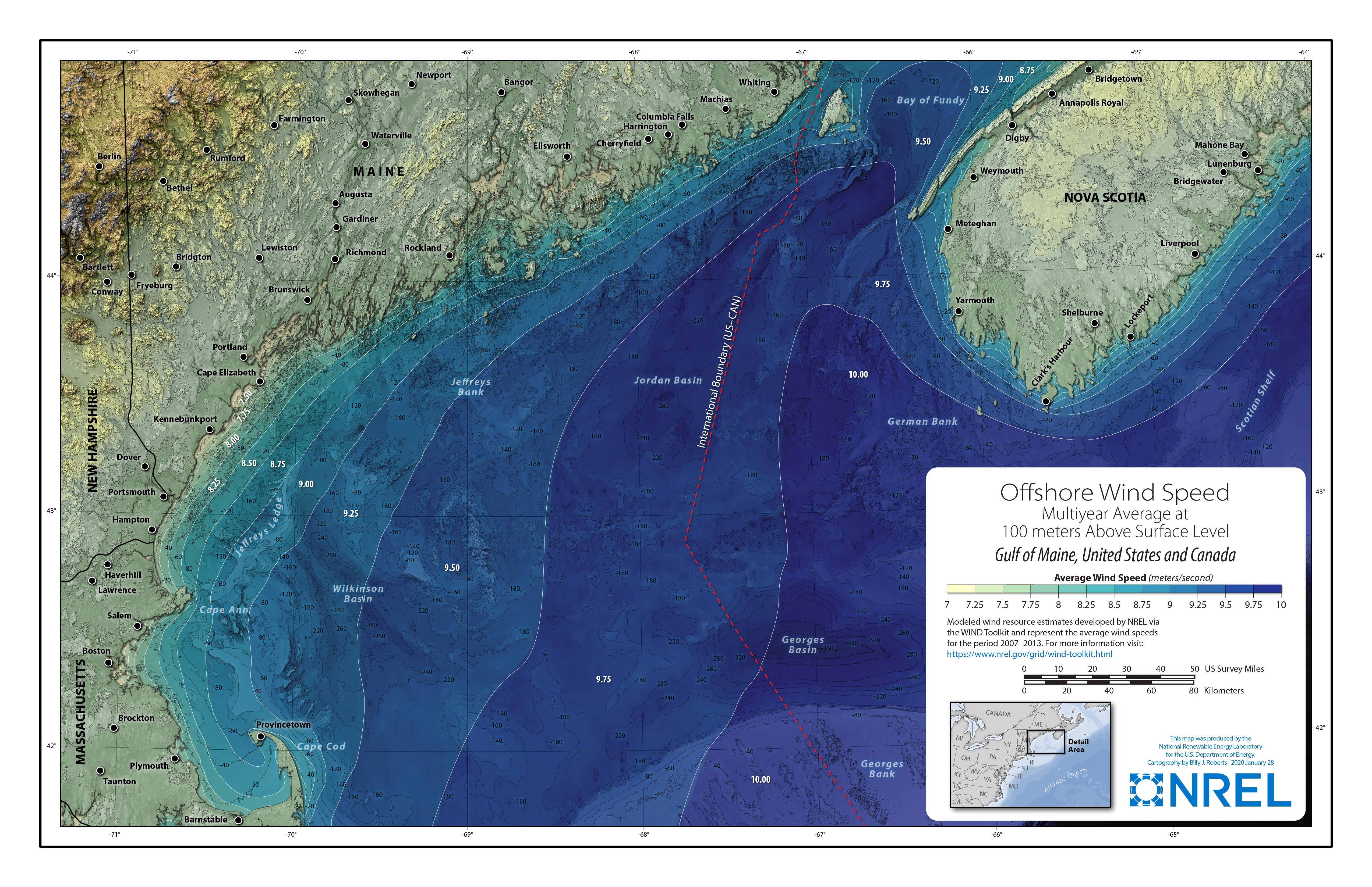 map showing the wind speed at 100 meters over the water near Maine,Massachusetts, New Hampshire, and Nova Scotia