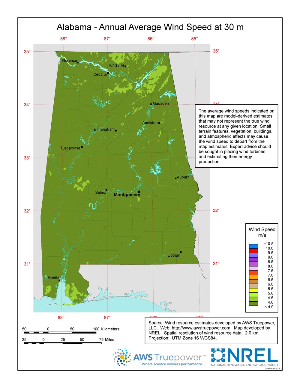 A map of Alabama showing wind speeds at a 30-m height.