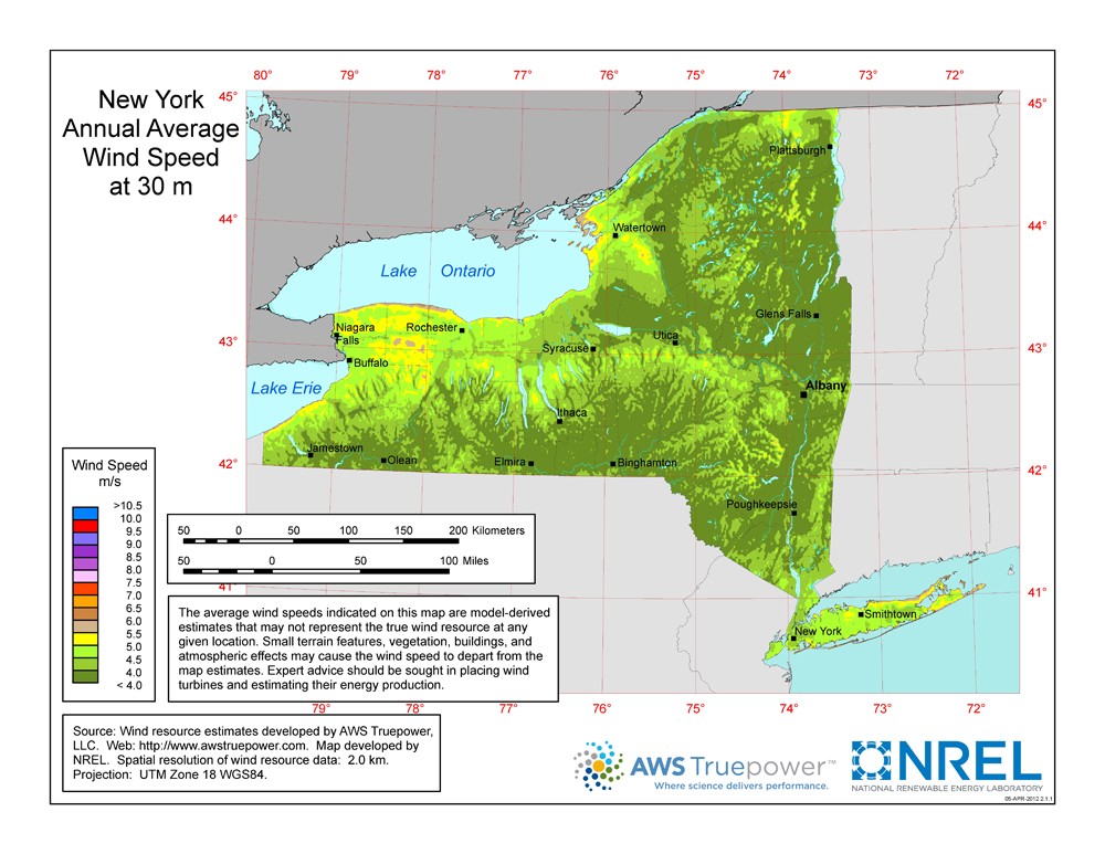 A map of New York showing wind speeds at a 30-m height.