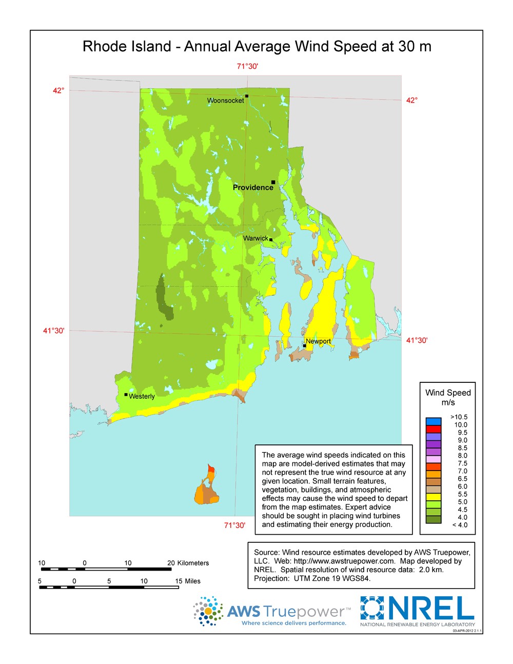 A map of Rhode Island showing wind speeds at a 30-m height.