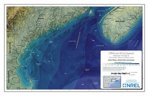 map showing the wind speed at 100 meters over the water near Maine,Massachusetts, New Hampshire, and Nova Scotia