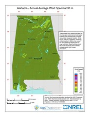 A map of Alabama showing wind speeds at a 30-m height.