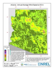 A map of Arizona showing wind speeds at a 30-m height.
