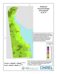A map of Delaware showing wind speeds at a 30-m height.