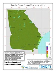 A map of Georgia showing wind speeds at a 30-m height.